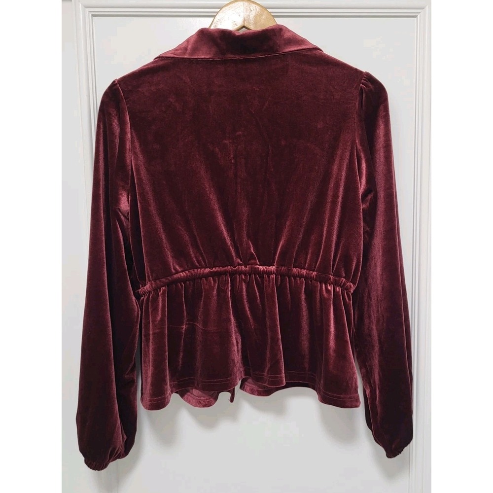 New Burgundy Velvet Whimsigoth Fairygrunge Button Tie Bow Peplum Top Sz L - Picture 5 of 8